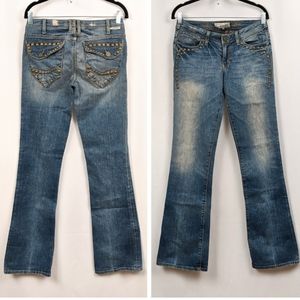 J & Company Jeans Boot Cut Studded Distressed Highland Patina 33" Inseam Size 28